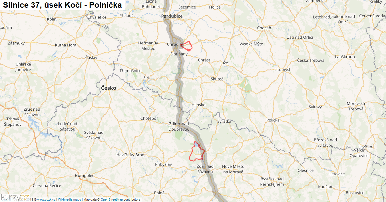 Úsek Kočí - Polnička, Silnice 37 - Mapa