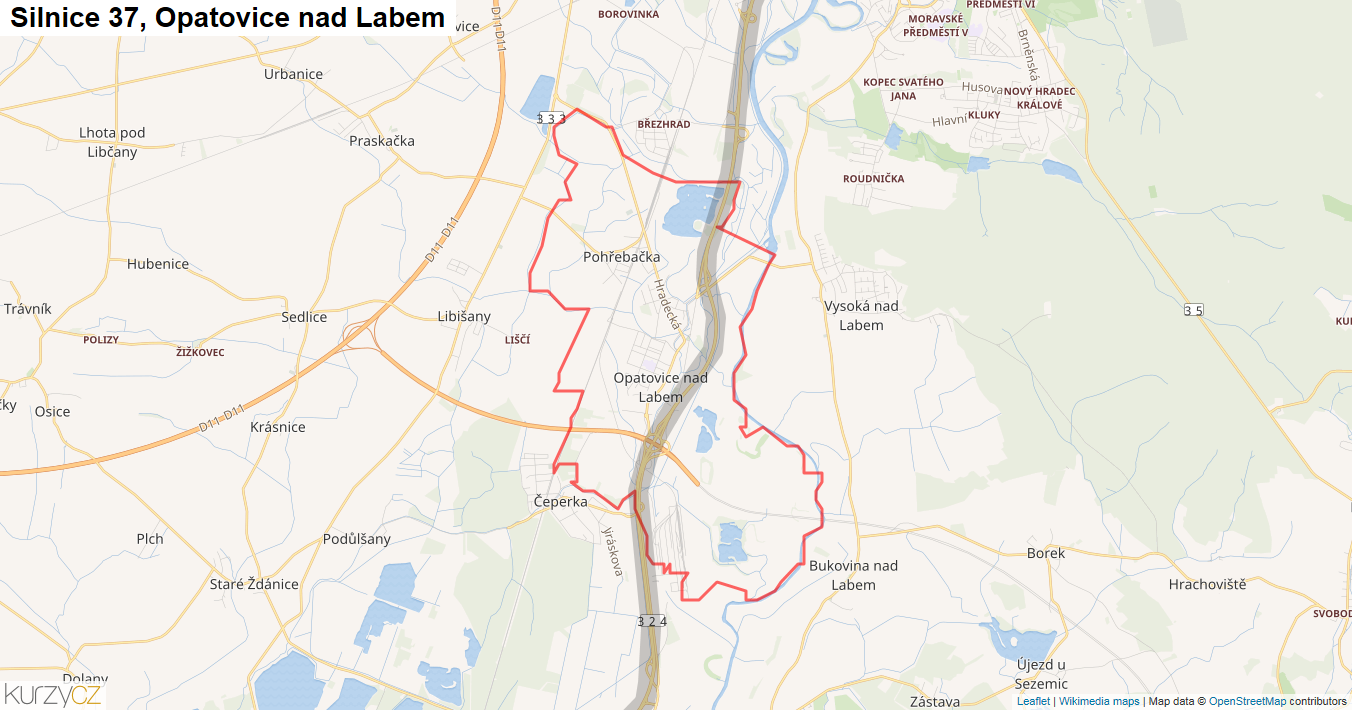 Opatovice nad Labem, Silnice 37 - Mapa