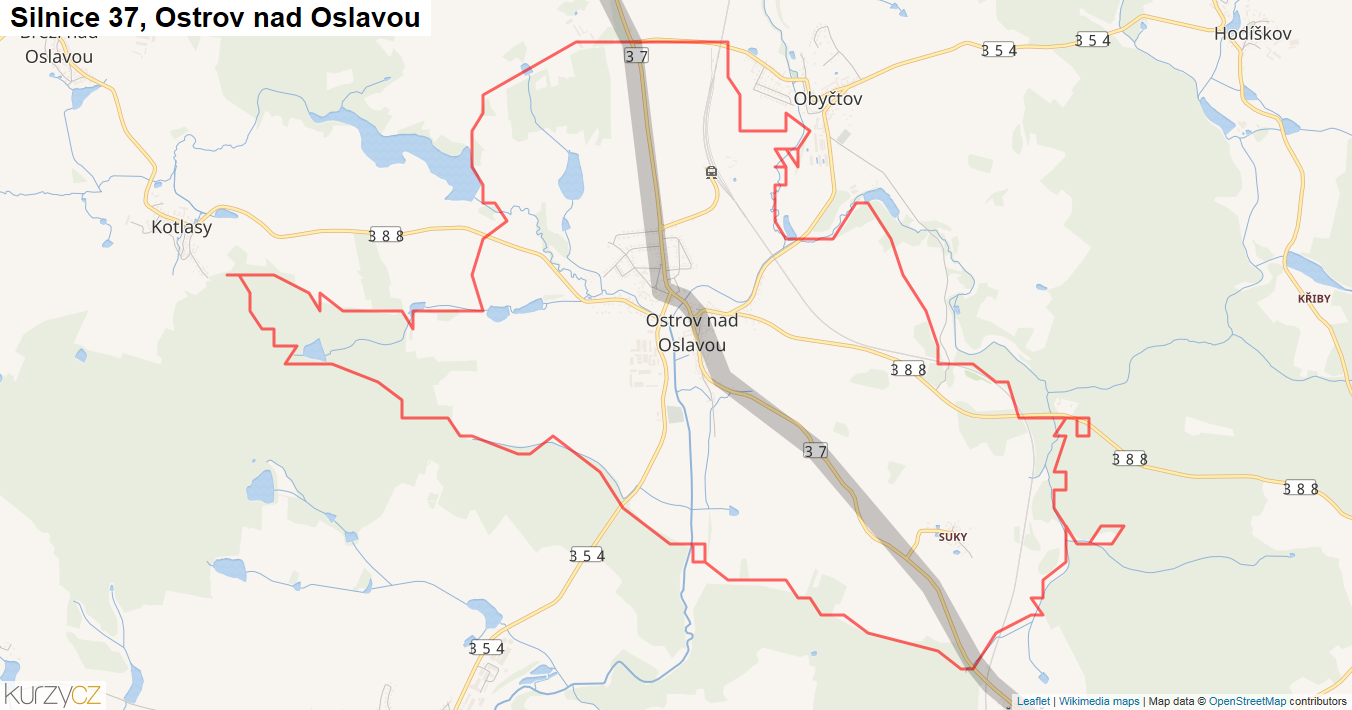 Ostrov nad Oslavou, Silnice 37 - Mapa
