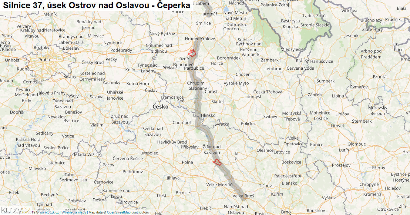 Úsek Ostrov nad Oslavou - Čeperka, Silnice 37 - Mapa