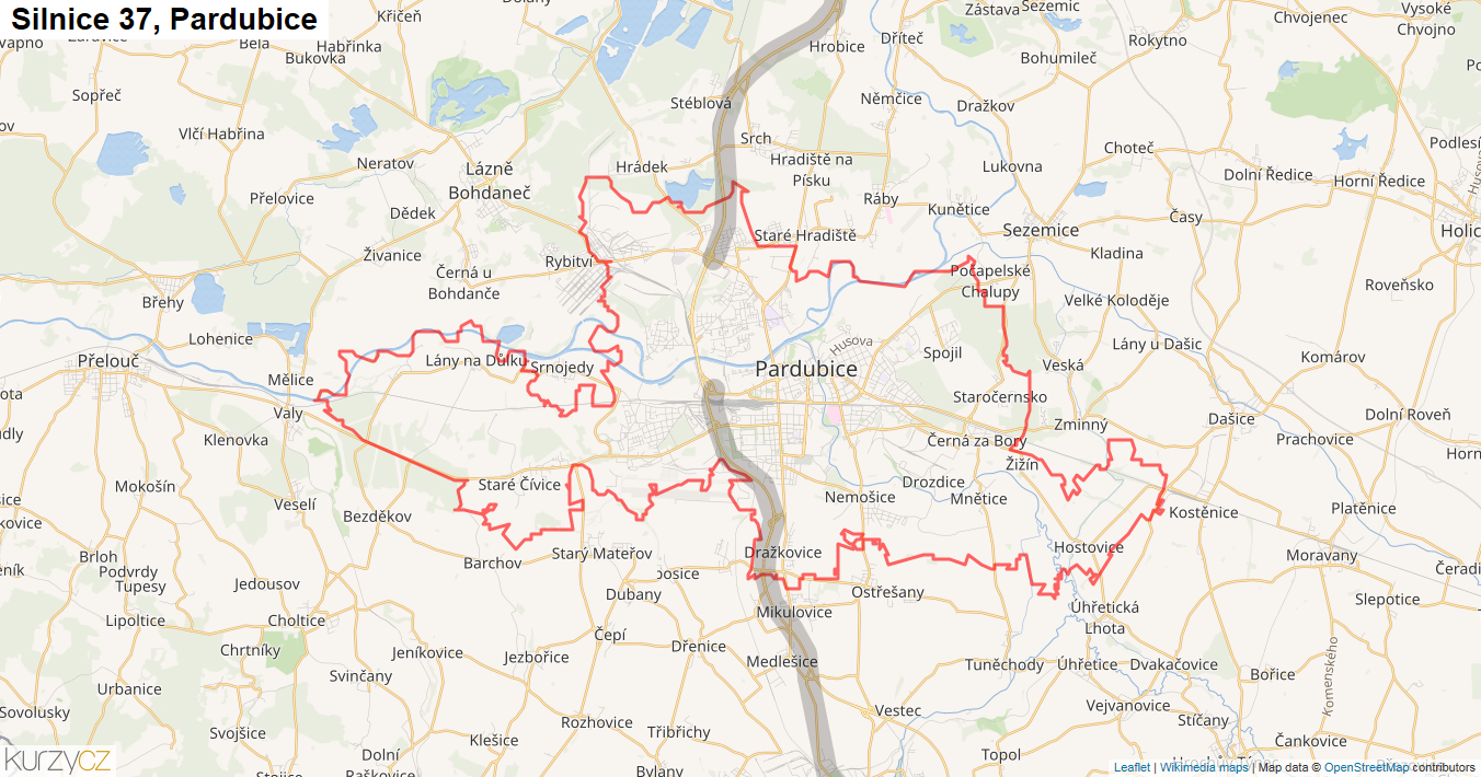 Pardubice, Silnice 37 - Mapa