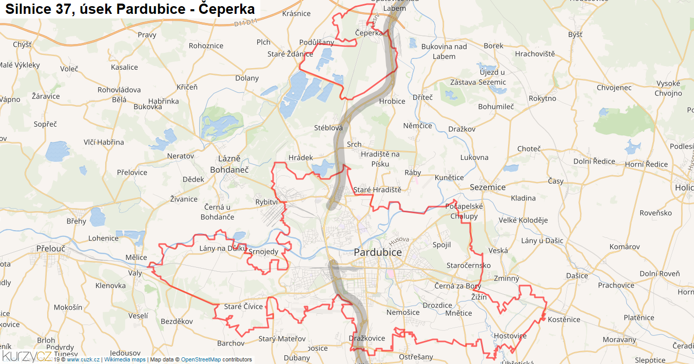 Úsek Pardubice - Čeperka, Silnice 37 - Mapa