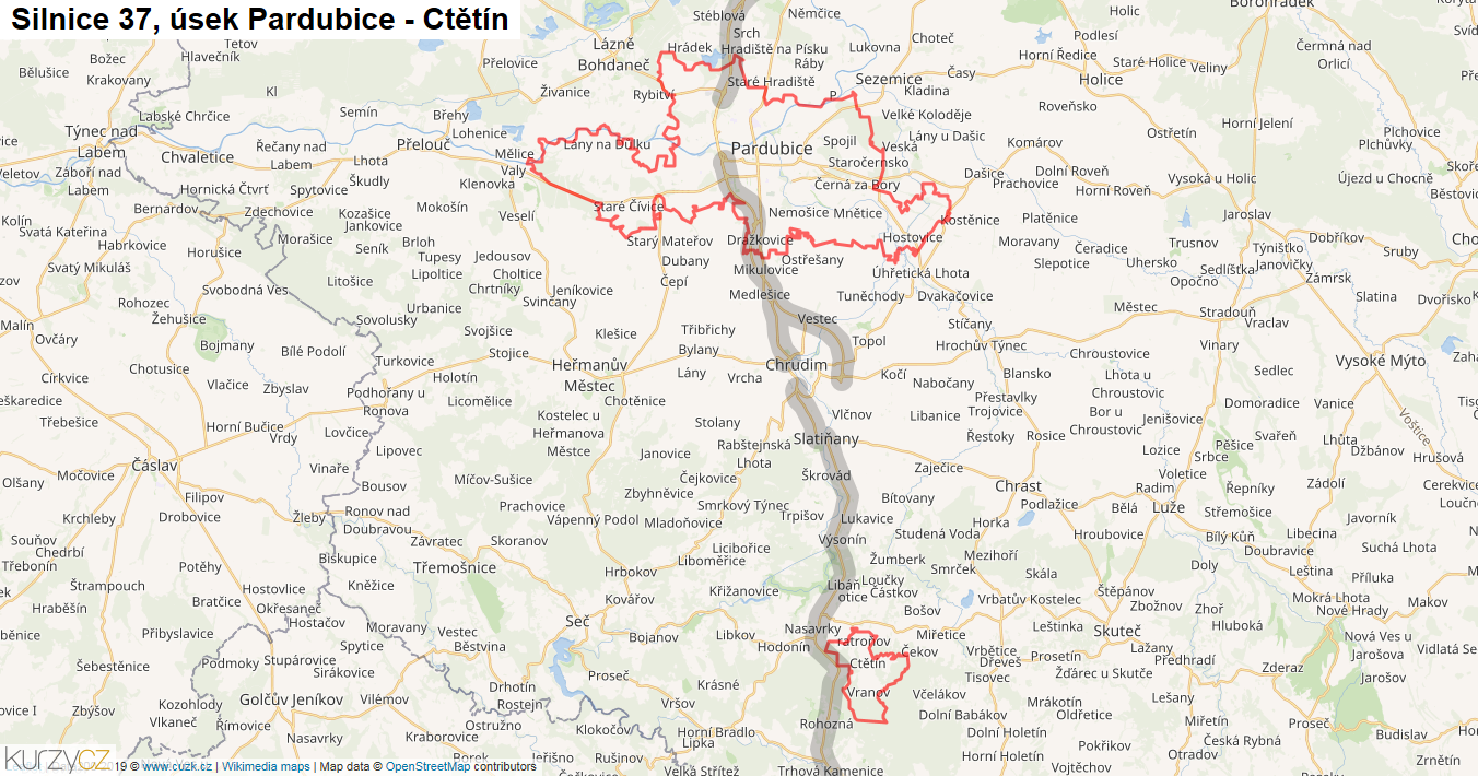 Úsek Pardubice - Ctětín, Silnice 37 - Mapa