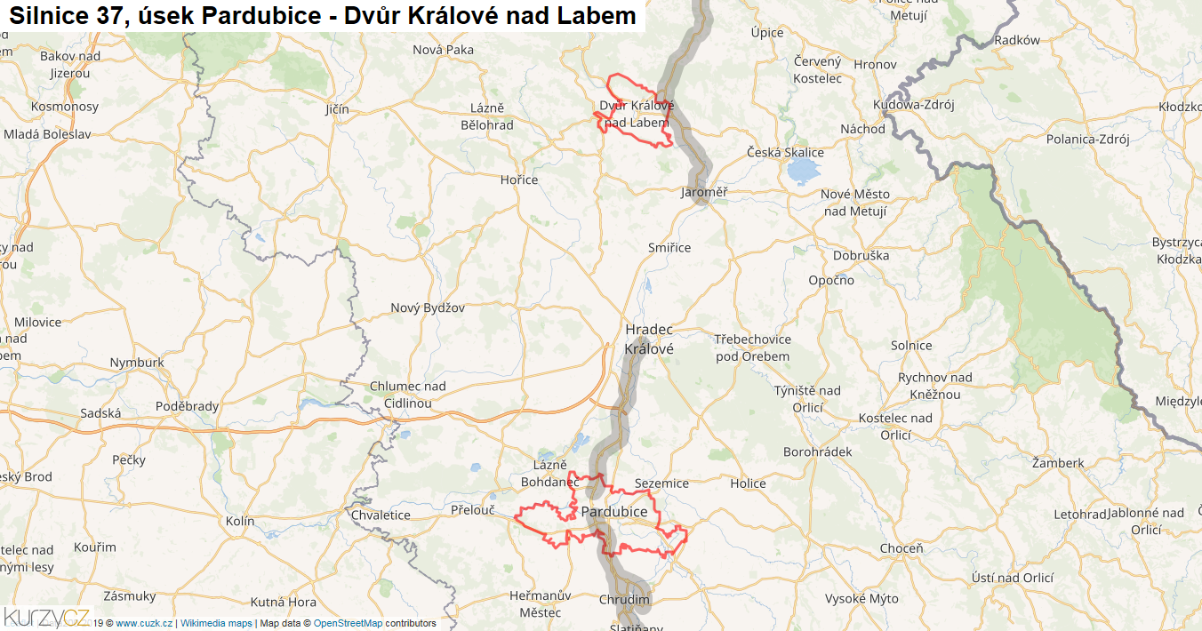 Úsek Pardubice - Dvůr Králové nad Labem, Silnice 37 - Mapa