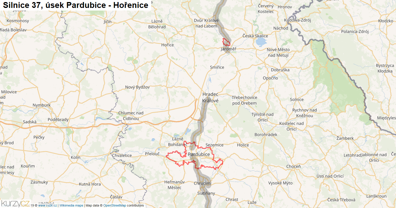 Úsek Pardubice - Hořenice, Silnice 37 - Mapa