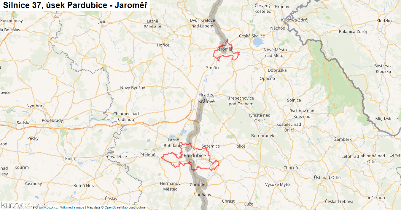Úsek Pardubice - Jaroměř, Silnice 37 - Mapa