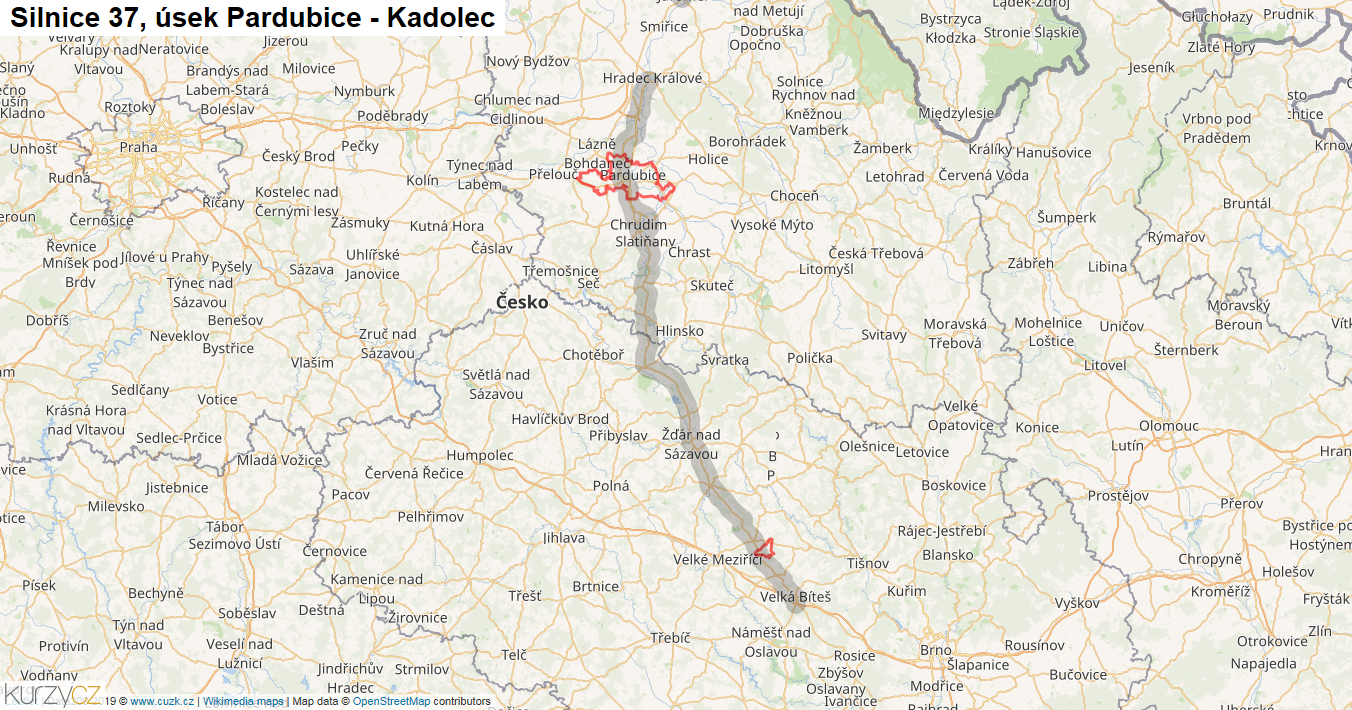 Úsek Pardubice - Kadolec, Silnice 37 - Mapa