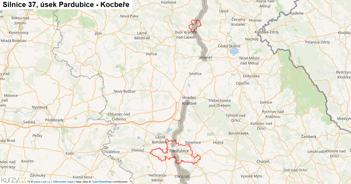 Úsek Pardubice - Kocbeře, Silnice 37 - Mapa