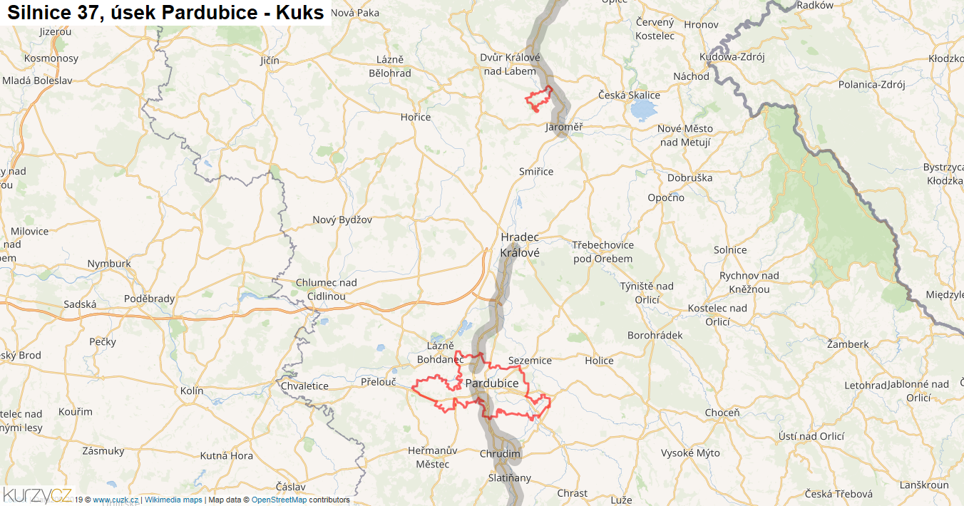 Úsek Pardubice - Kuks, Silnice 37 - Mapa