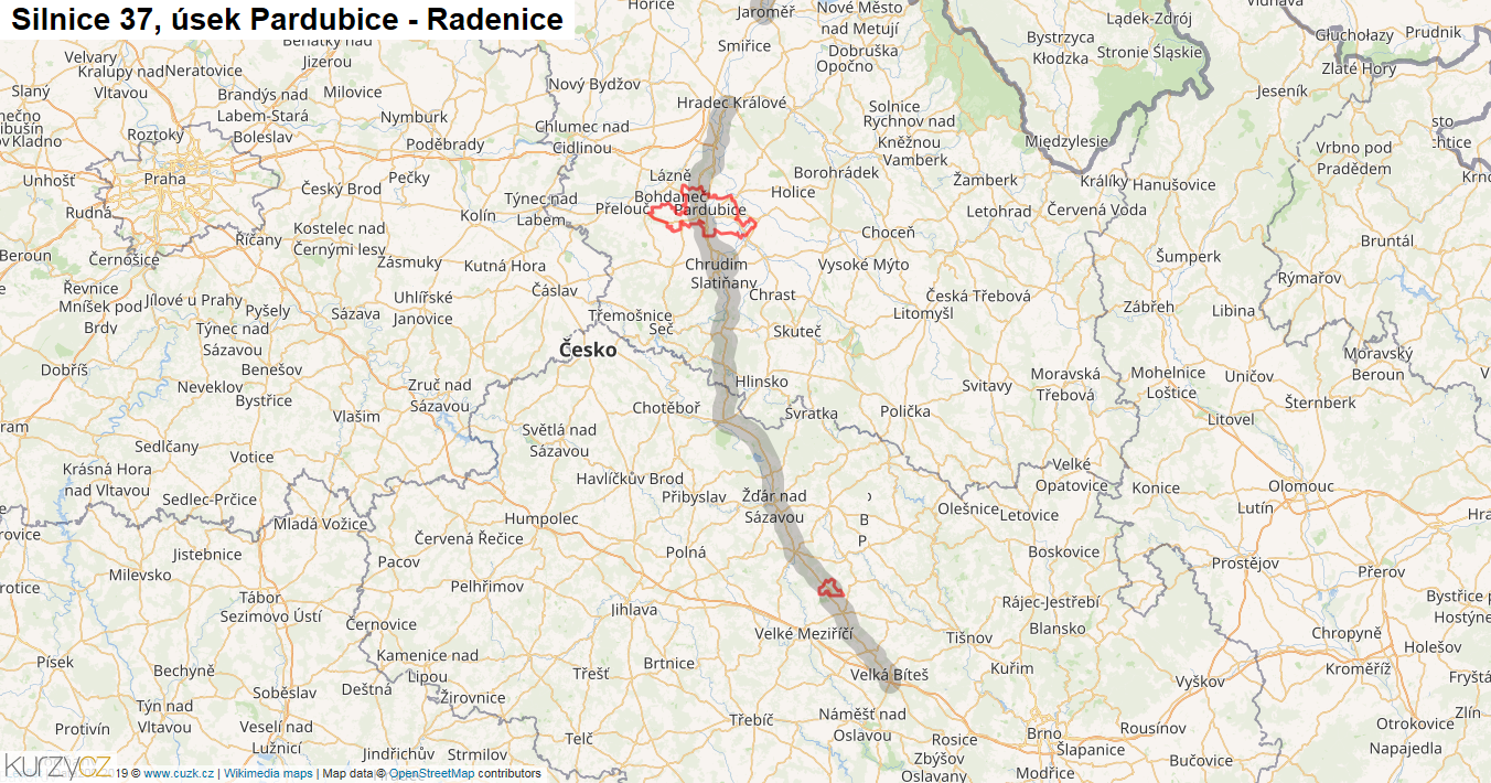 Úsek Pardubice - Radenice, Silnice 37 - Mapa