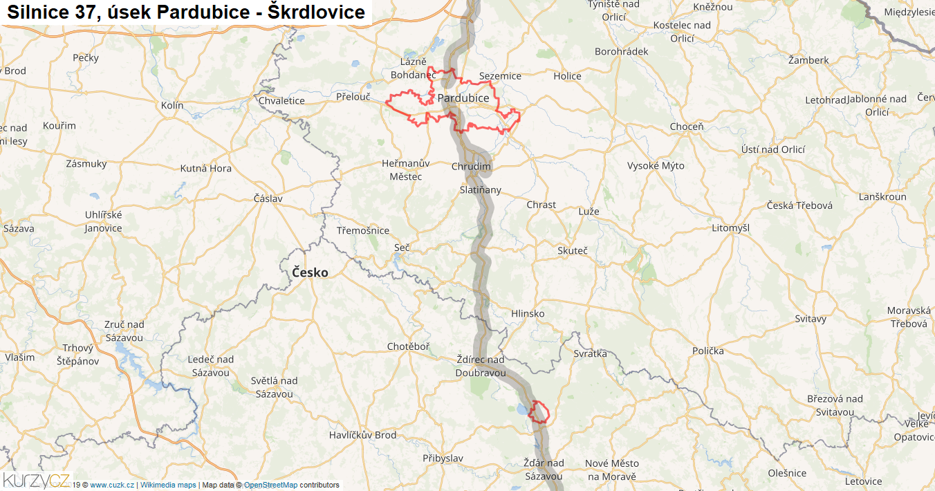 Úsek Pardubice - Škrdlovice, Silnice 37 - Mapa