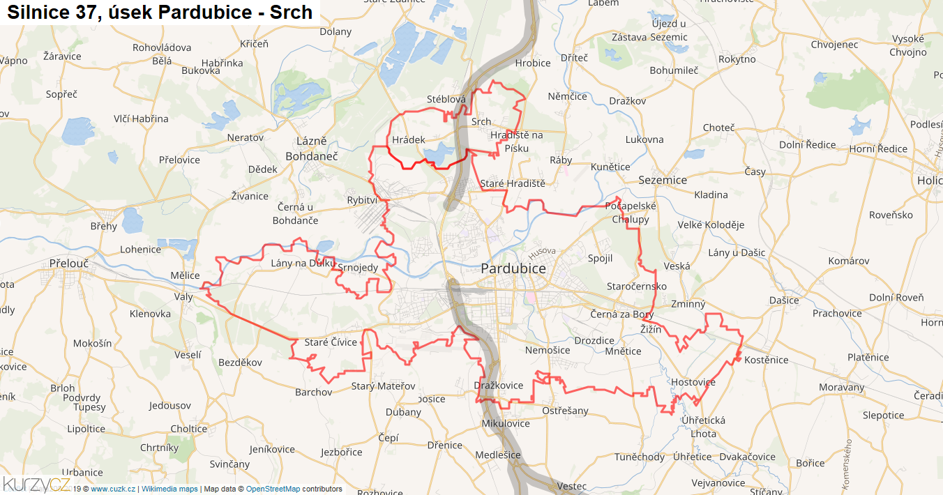 Úsek Pardubice - Srch, Silnice 37 - Mapa