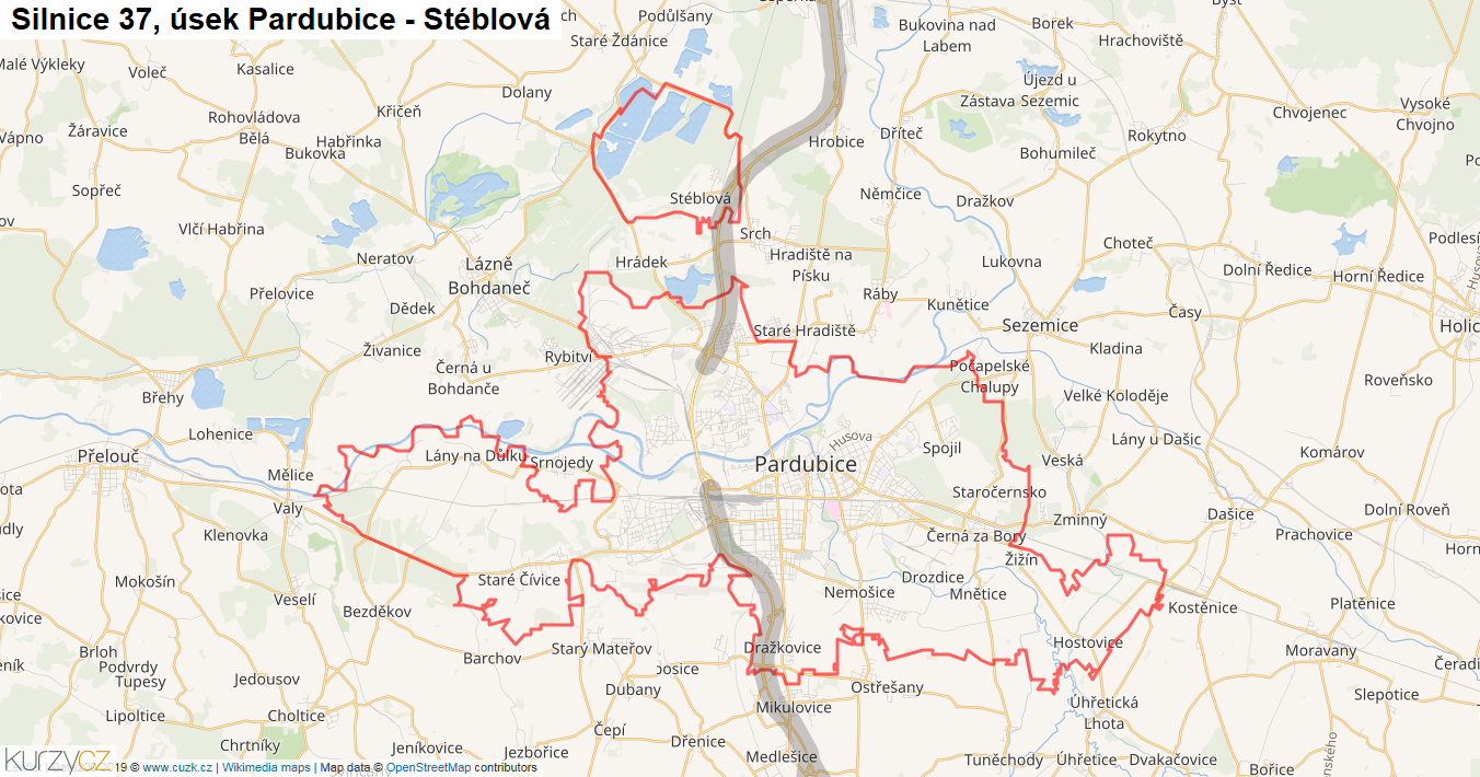 Úsek Pardubice - Stéblová, Silnice 37 - Mapa