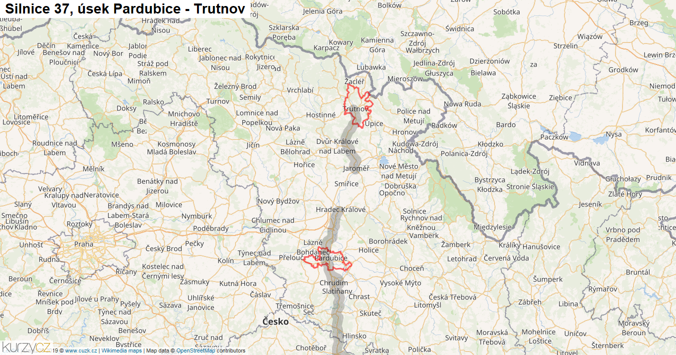 Úsek Pardubice - Trutnov, Silnice 37 - Mapa