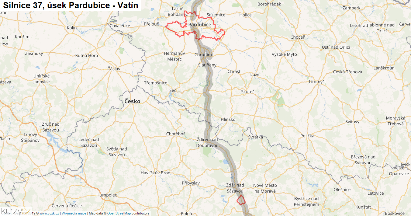 Úsek Pardubice - Vatín, Silnice 37 - Mapa
