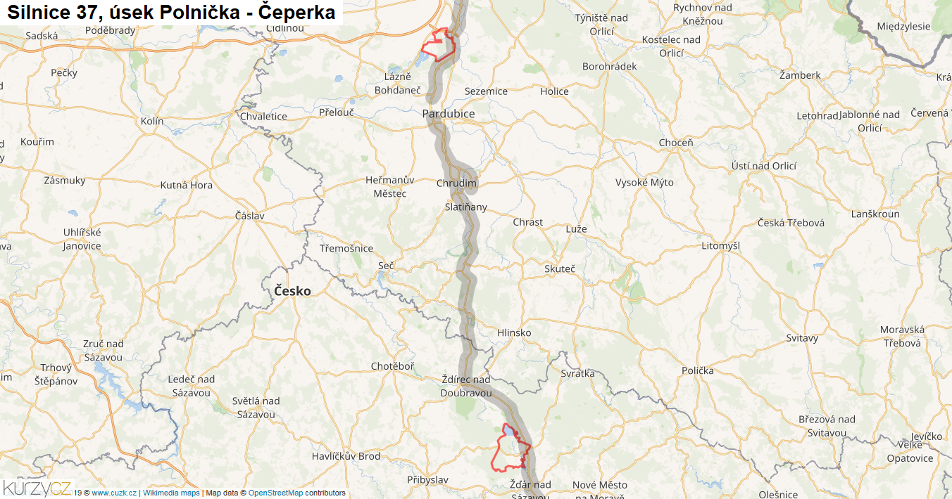 Úsek Polnička - Čeperka, Silnice 37 - Mapa