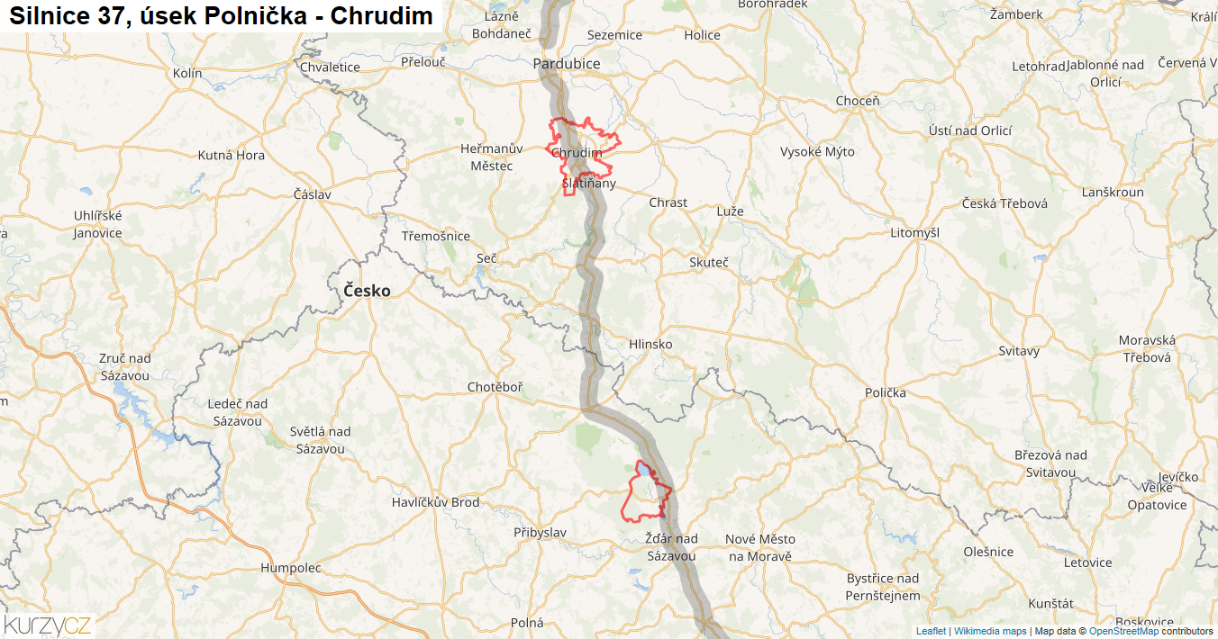 Úsek Polnička - Chrudim, Silnice 37 - Mapa