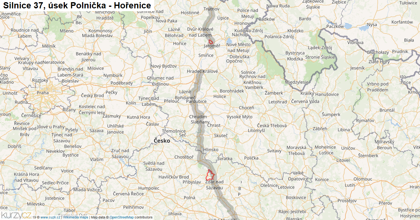Úsek Polnička - Hořenice, Silnice 37 - Mapa