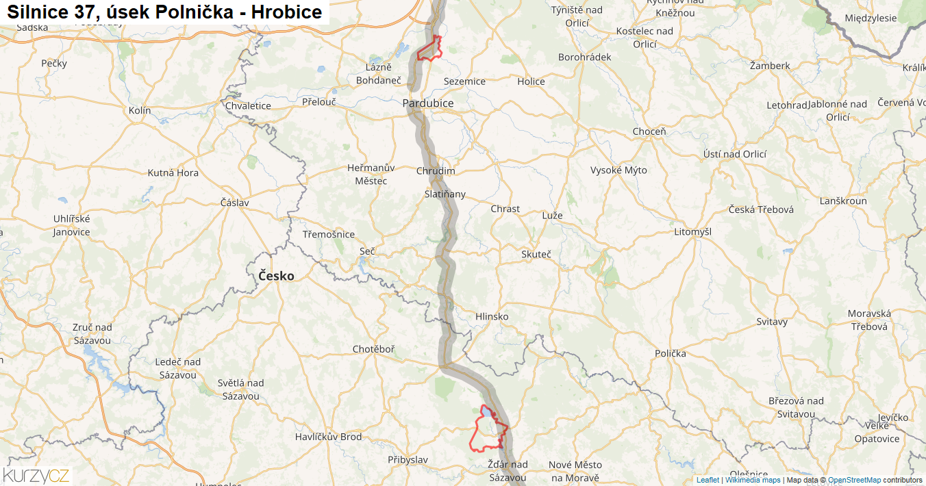 Úsek Polnička - Hrobice, Silnice 37 - Mapa