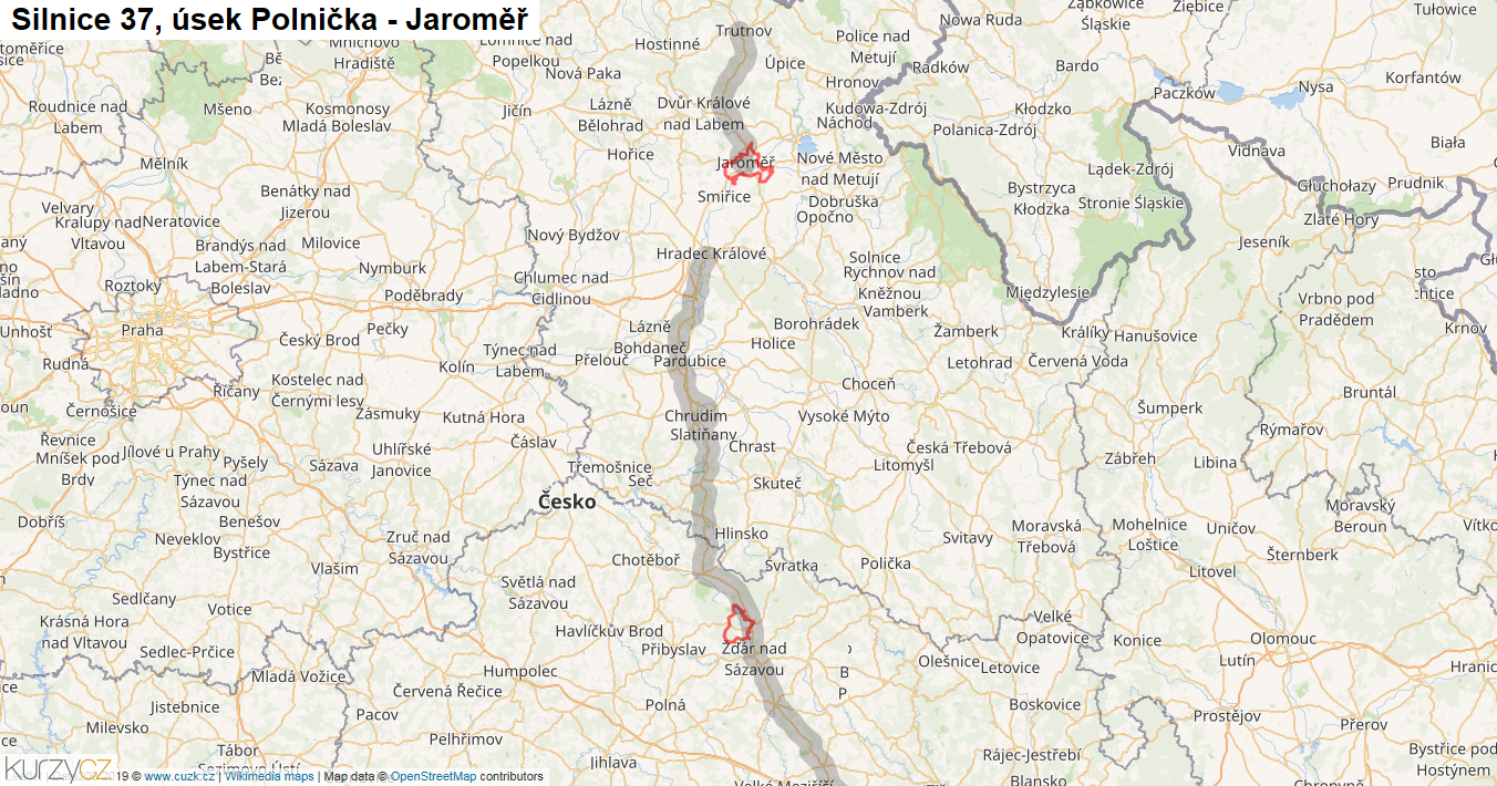 Úsek Polnička - Jaroměř, Silnice 37 - Mapa