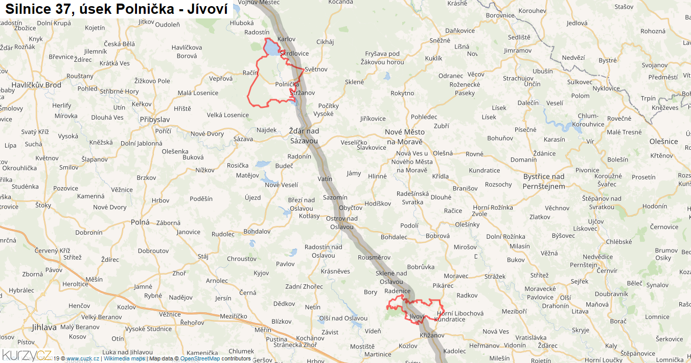 Úsek Polnička - Jívoví, Silnice 37 - Mapa