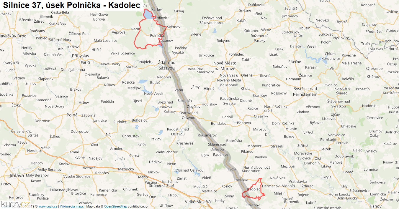 Úsek Polnička - Kadolec, Silnice 37 - Mapa