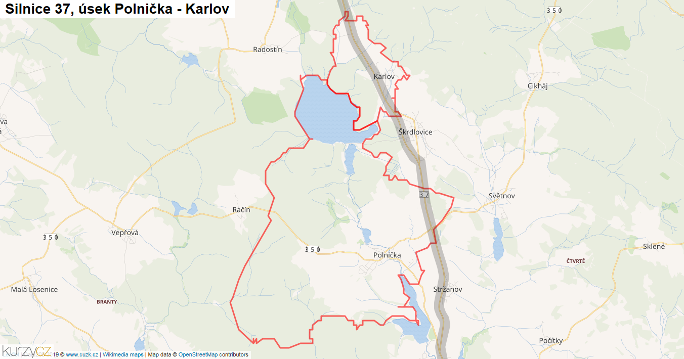 Úsek Polnička - Karlov, Silnice 37 - Mapa