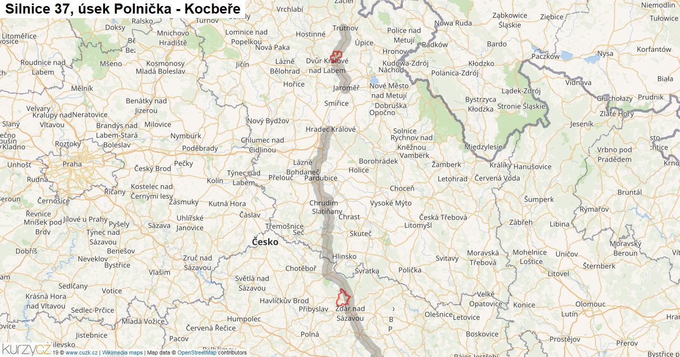 Úsek Polnička - Kocbeře, Silnice 37 - Mapa