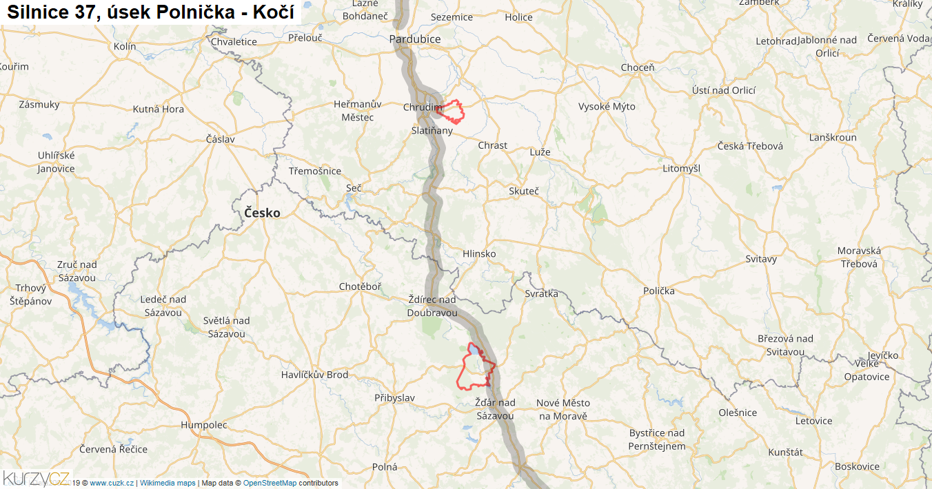 Úsek Polnička - Kočí, Silnice 37 - Mapa