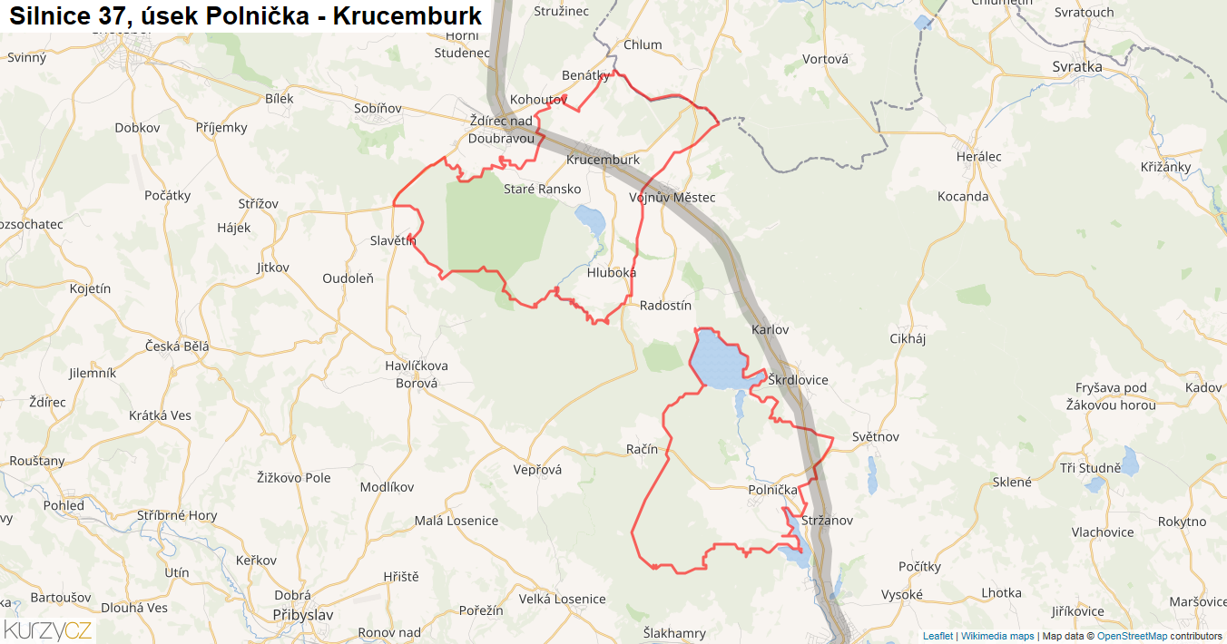 Úsek Polnička - Krucemburk, Silnice 37 - Mapa