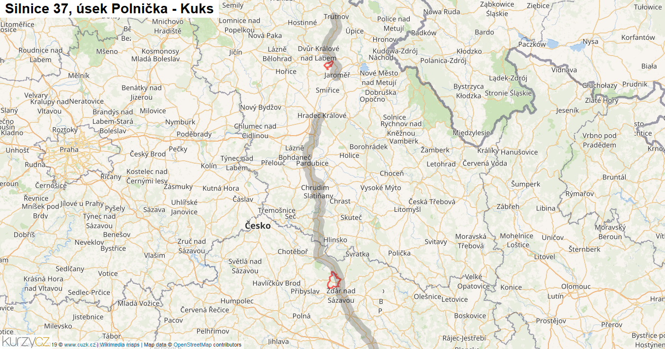 Úsek Polnička - Kuks, Silnice 37 - Mapa