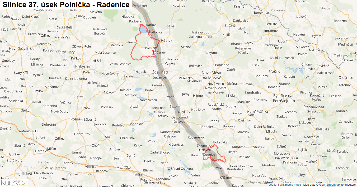 Úsek Polnička - Radenice, Silnice 37 - Mapa