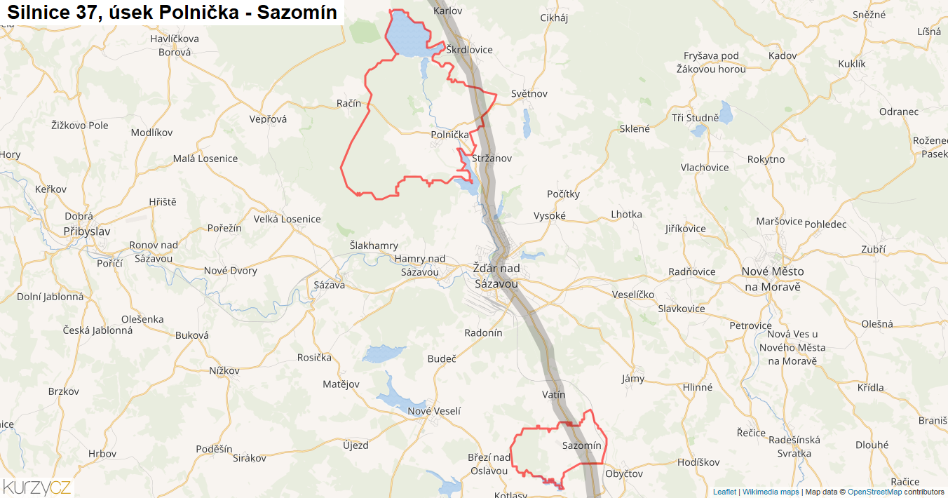 Úsek Polnička - Sazomín, Silnice 37 - Mapa