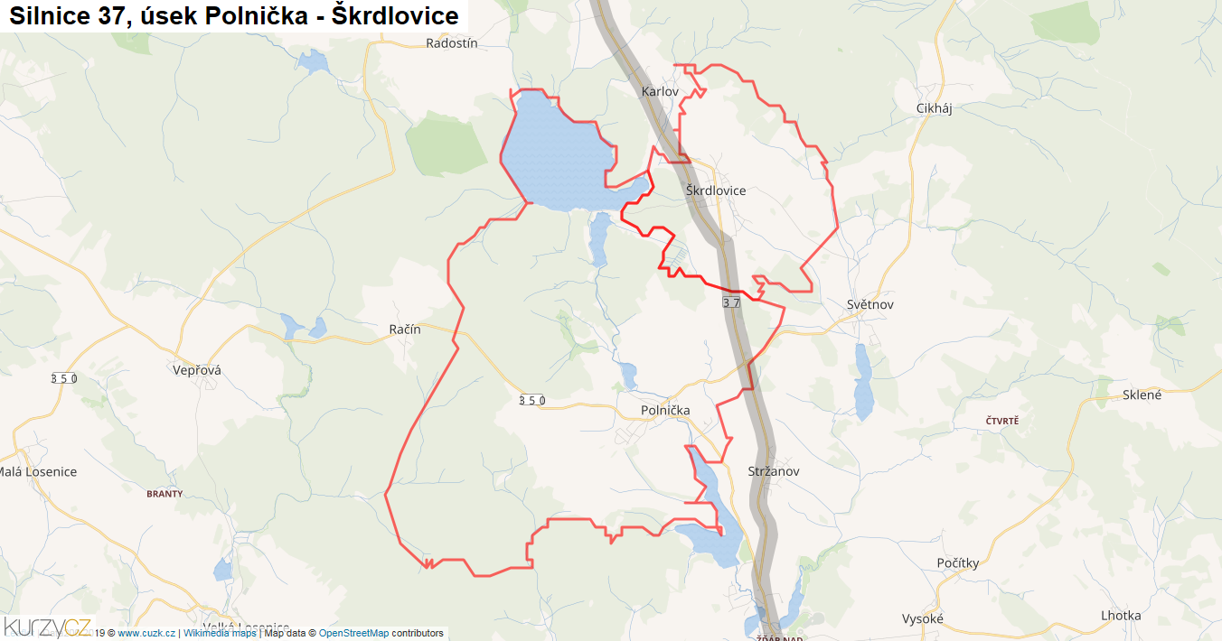 Úsek Polnička - Škrdlovice, Silnice 37 - Mapa