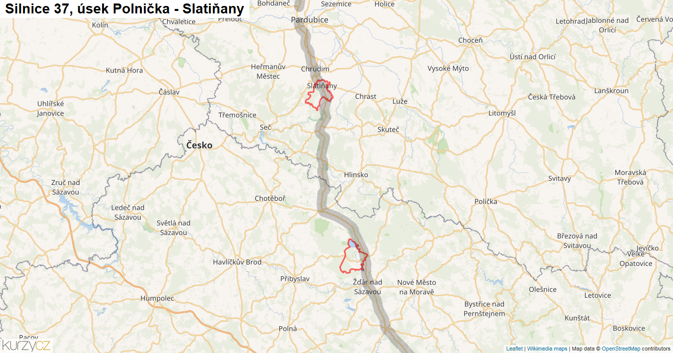 Úsek Polnička - Slatiňany, Silnice 37 - Mapa
