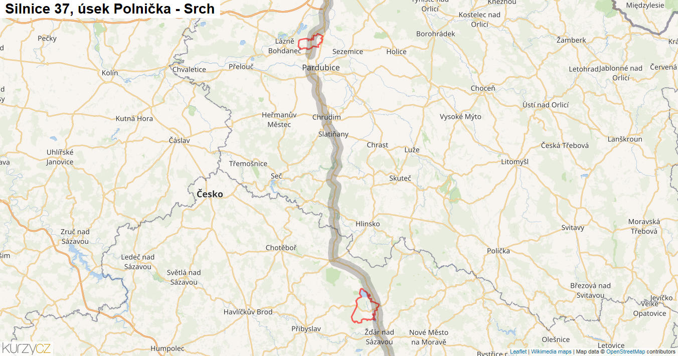 Úsek Polnička - Srch, Silnice 37 - Mapa