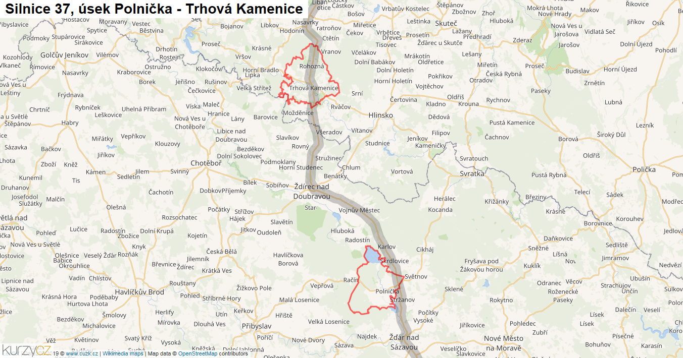 Úsek Polnička - Trhová Kamenice, Silnice 37 - Mapa