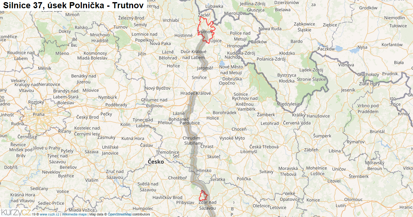 Úsek Polnička - Trutnov, Silnice 37 - Mapa