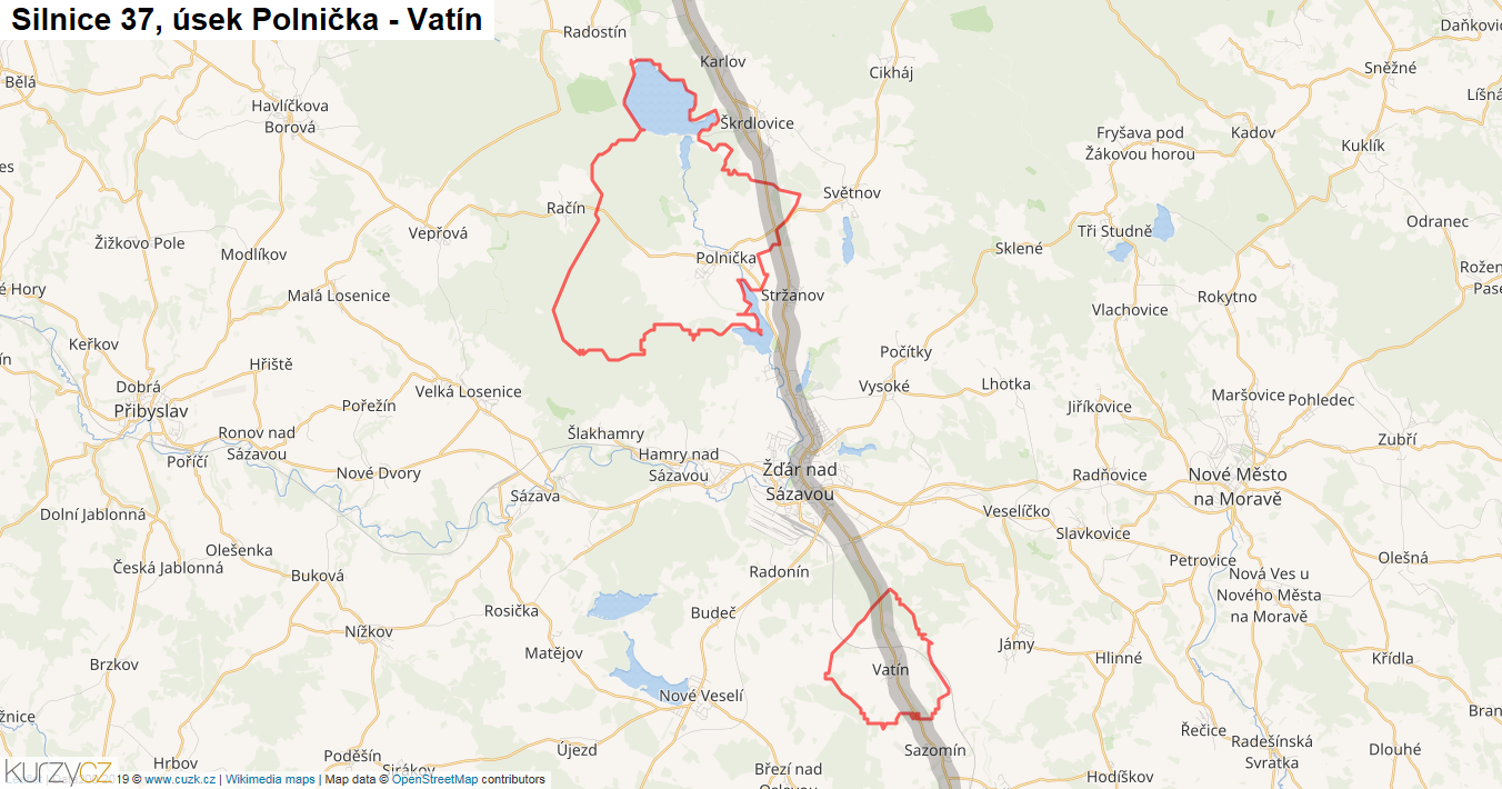 Úsek Polnička - Vatín, Silnice 37 - Mapa