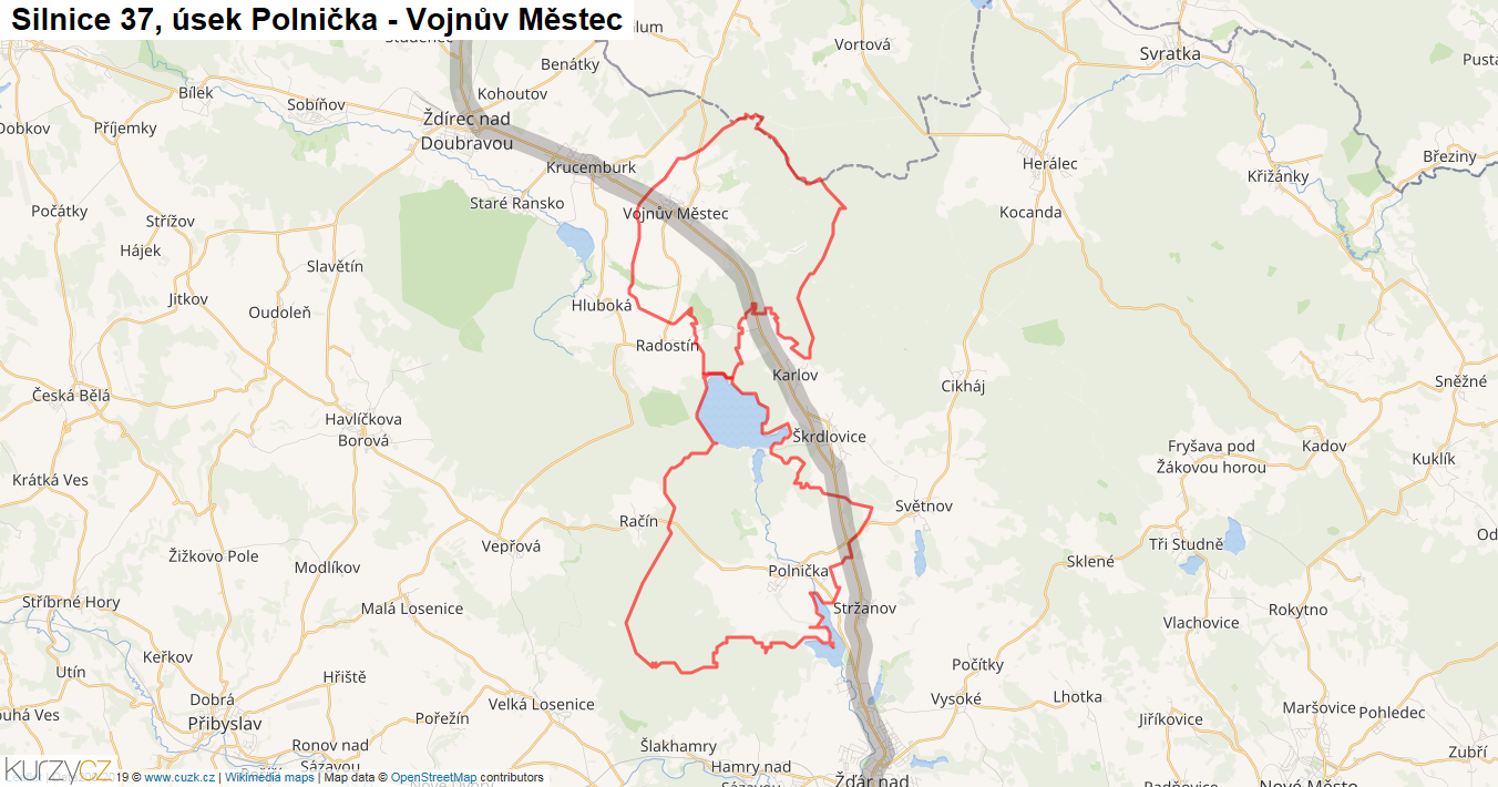 Úsek Polnička - Vojnův Městec, Silnice 37 - Mapa