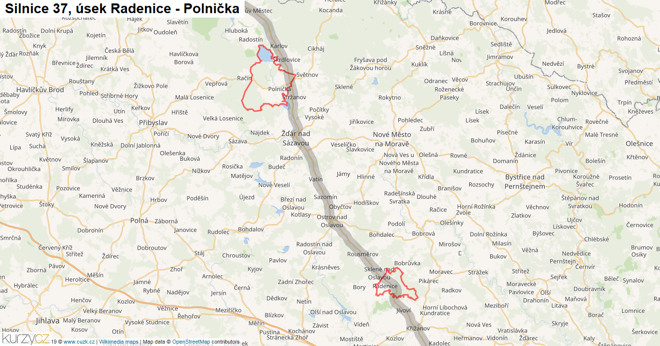 Úsek Radenice - Polnička, Silnice 37 - Mapa