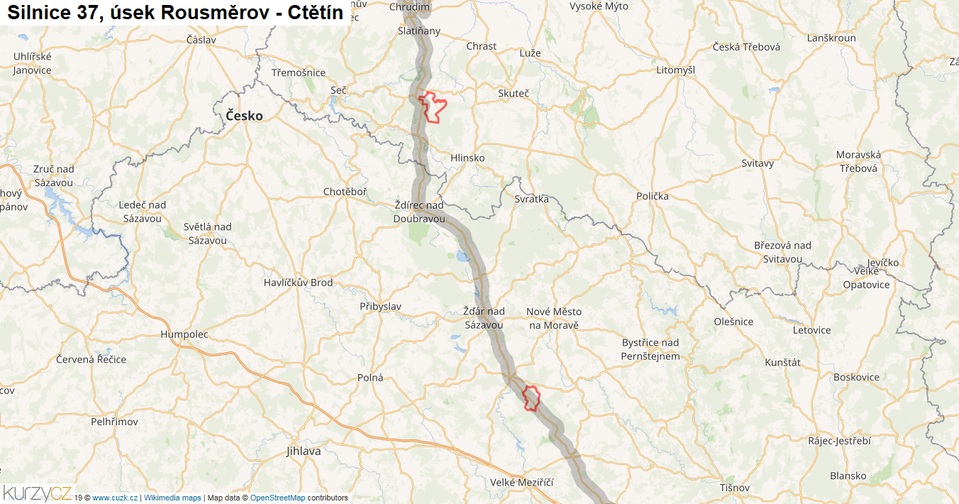 Úsek Rousměrov - Ctětín, Silnice 37 - Mapa