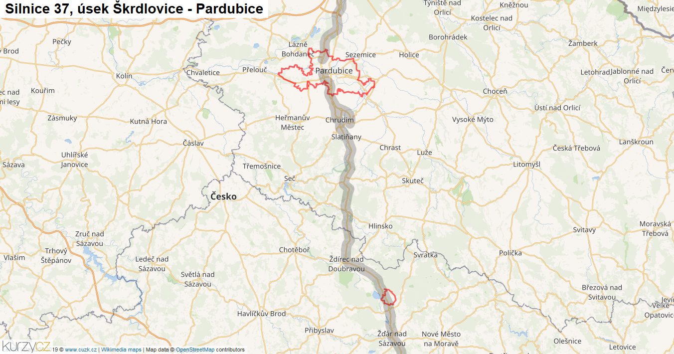 Úsek Škrdlovice - Pardubice, Silnice 37 - Mapa