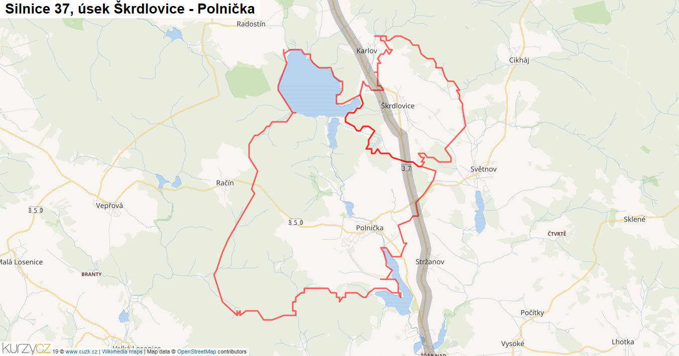 Úsek Škrdlovice - Polnička, Silnice 37 - Mapa