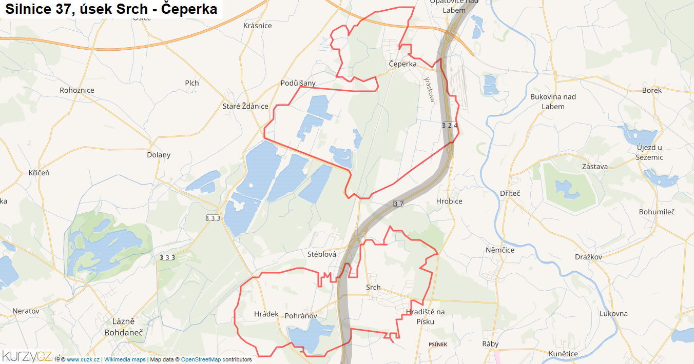 Úsek Srch - Čeperka, Silnice 37 - Mapa