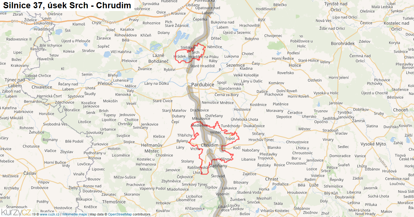 Úsek Srch - Chrudim, Silnice 37 - Mapa