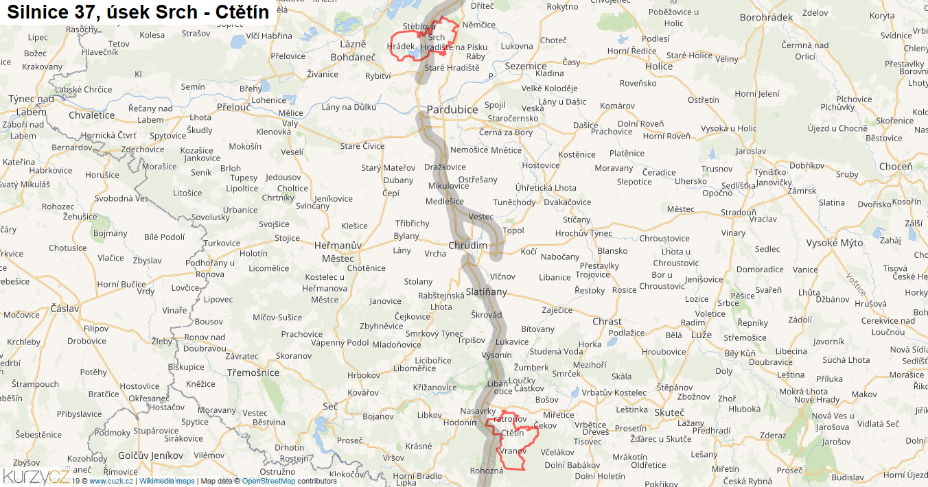 Úsek Srch - Ctětín, Silnice 37 - Mapa