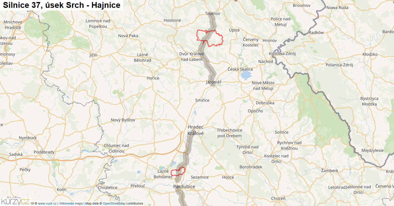 Úsek Srch - Hajnice, Silnice 37 - Mapa