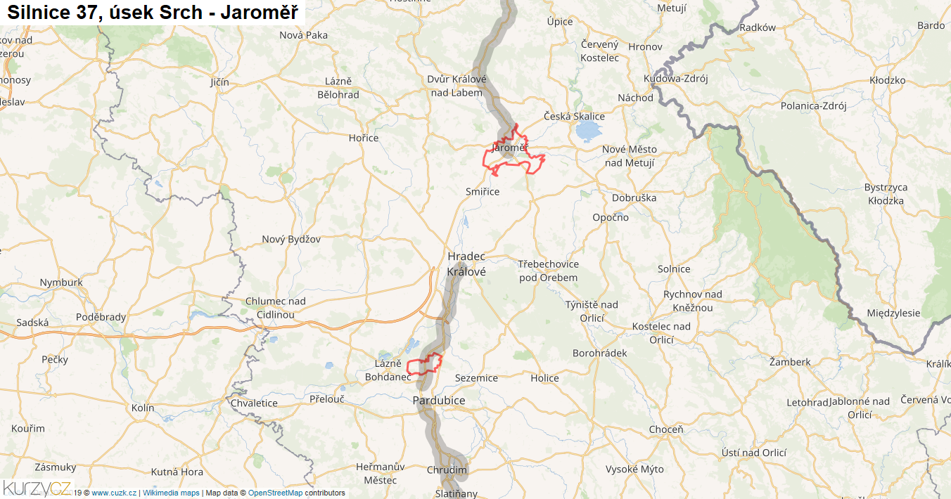 Úsek Srch - Jaroměř, Silnice 37 - Mapa