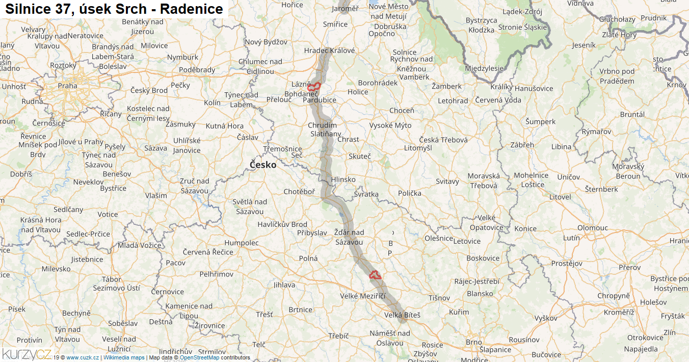 Úsek Srch - Radenice, Silnice 37 - Mapa